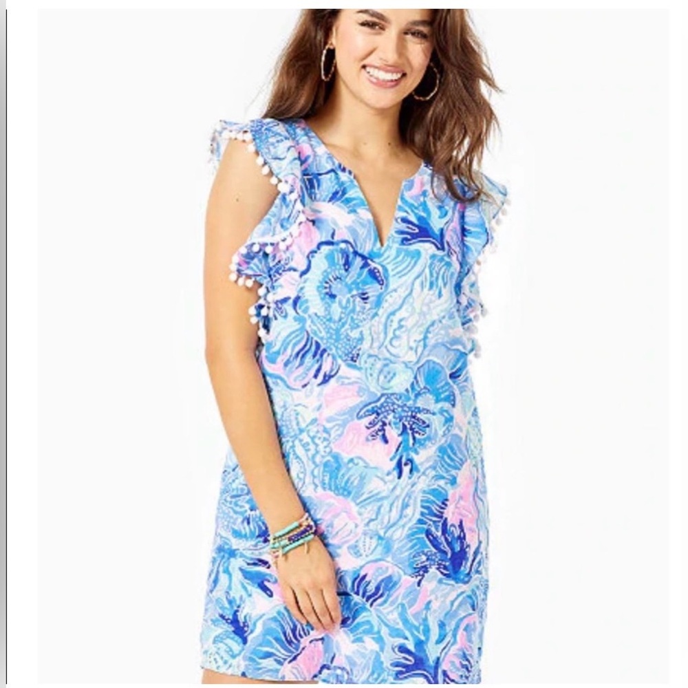 Lilly Pulitzer • Astara • Linen Blue & Pink Pom Pom Trim Shift Dress • Size M